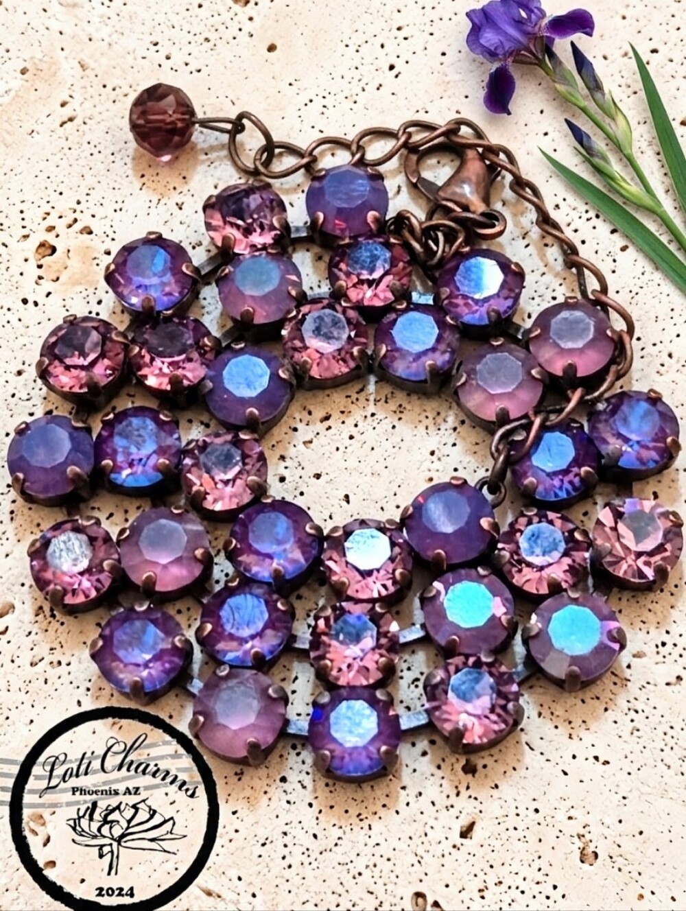 Purple Iris In Swarovski Crystals In Classic Tennis Necklacr In Brass